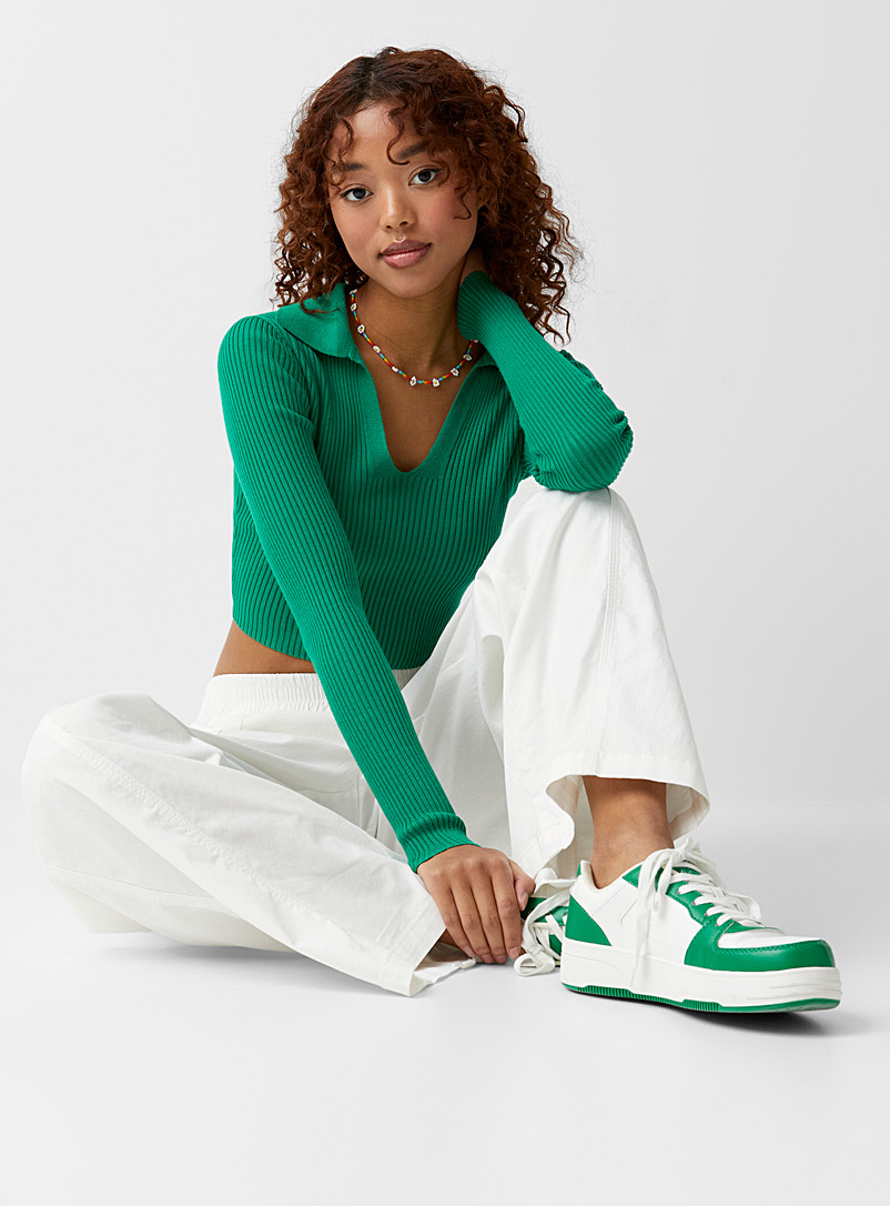 Twik Bottle Green Cropped and ribbed Johnny collar sweater for women