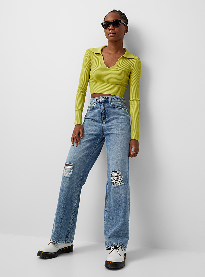 Twik Green Cropped and ribbed Johnny collar sweater for women