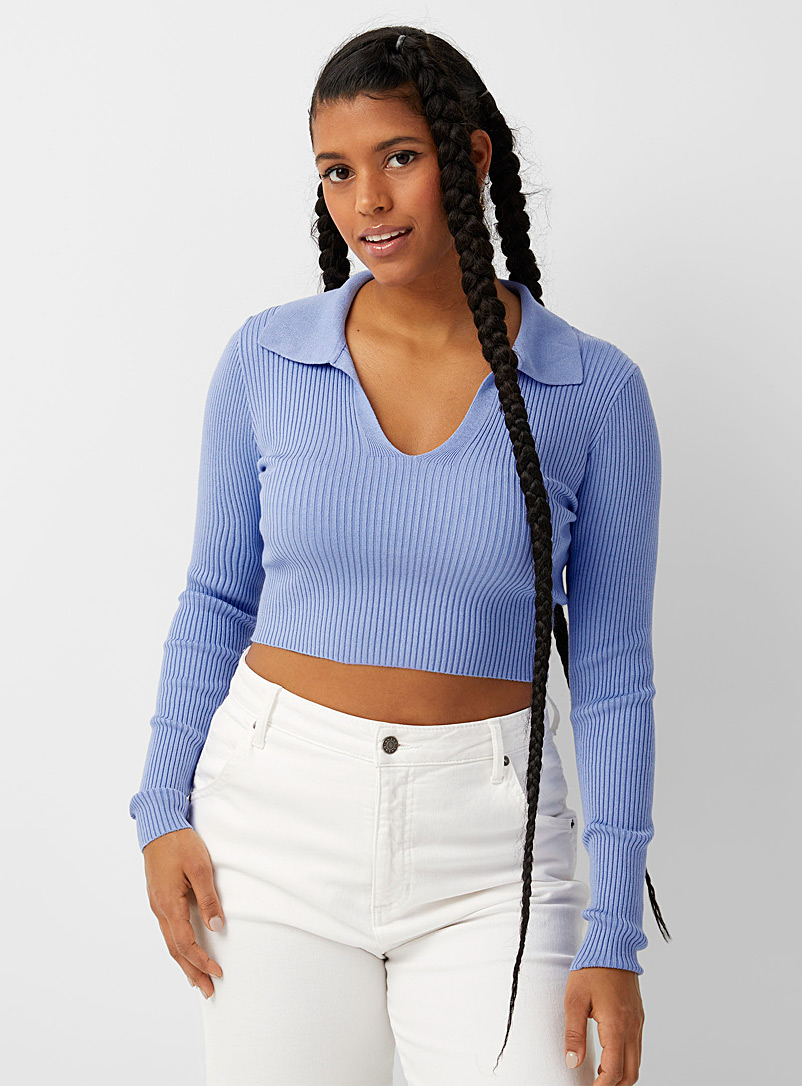 Twik Blue Cropped and ribbed Johnny collar sweater for women