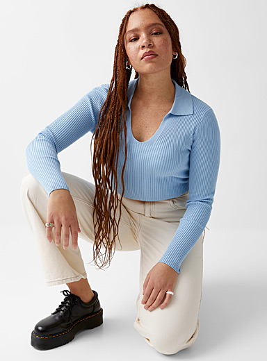 Twik Baby Blue Cropped and ribbed Johnny collar sweater for women