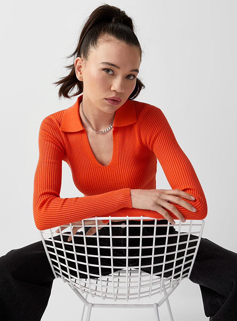 Twik Bright Red Cropped and ribbed Johnny collar sweater for women