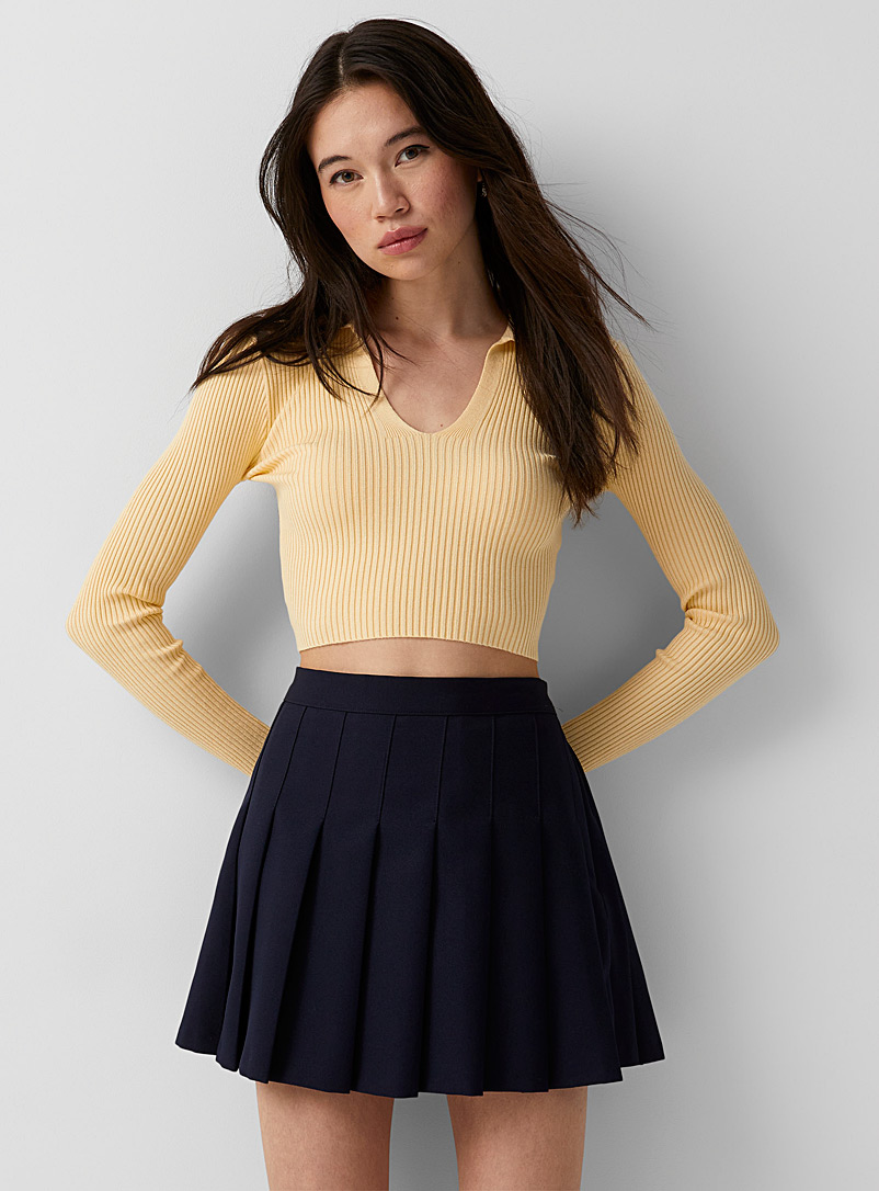 Twik Light Yellow Cropped and ribbed Johnny collar sweater for women