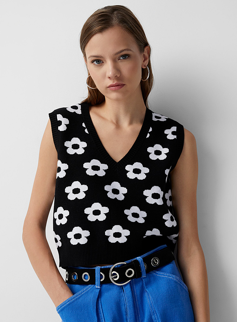 Twik Patterned Black Repeat print sweater vest for women