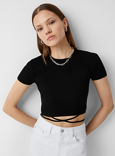 Twik Black Crossover cord cropped sweater for women