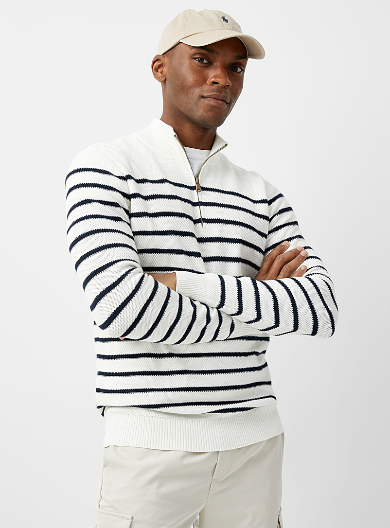 Le 31 Patterned Ecru Striped half-zip sweater for men