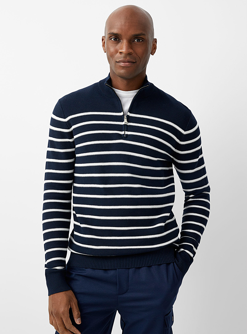 Le 31 Patterned Blue Striped half-zip sweater for men