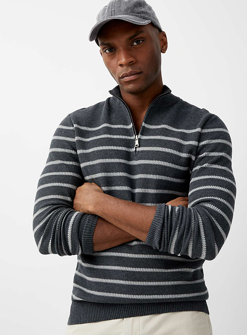 Le 31 Patterned Grey Striped half-zip sweater for men