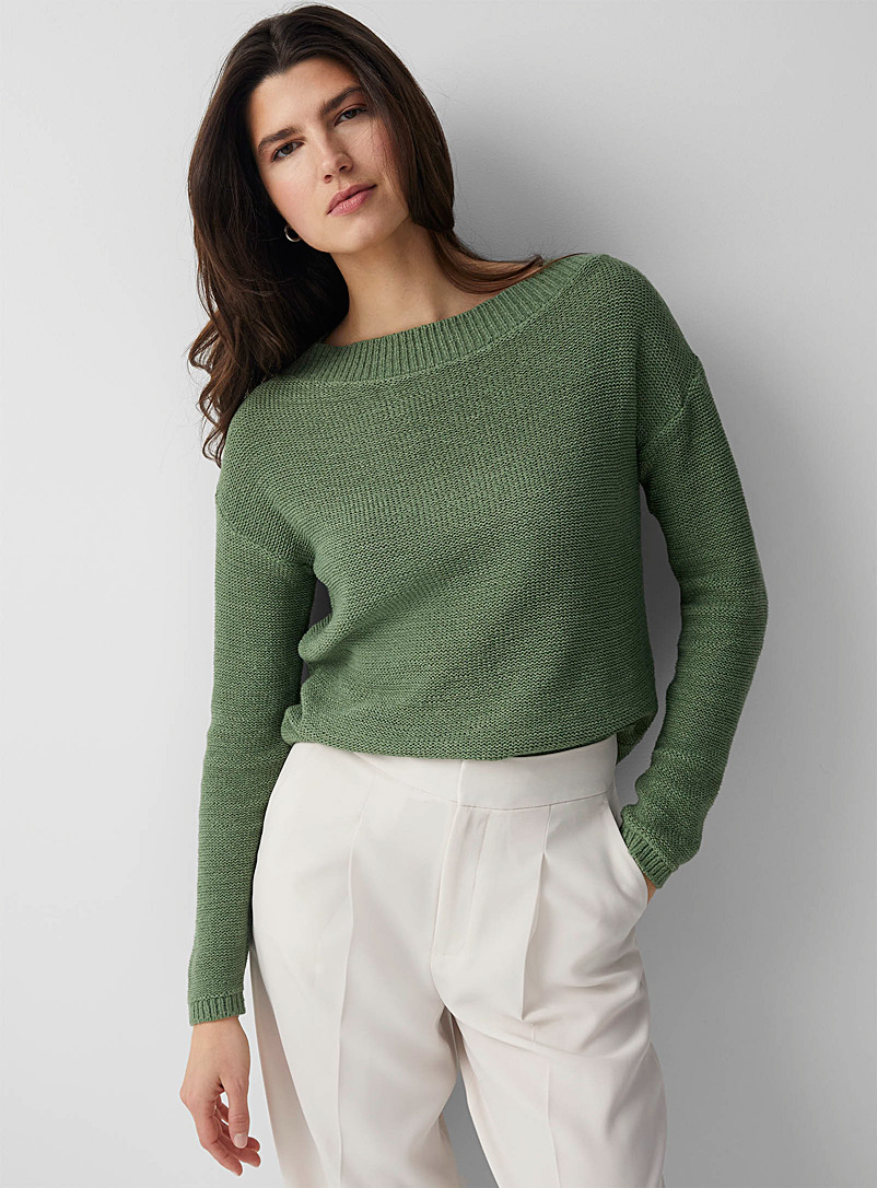 Contemporaine Bottle Green Drop-shoulder ribbon knit sweater for women