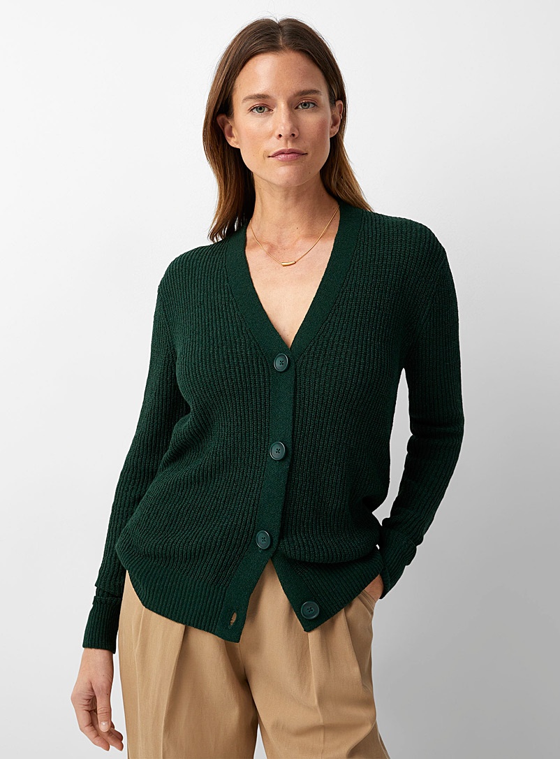 Contemporaine Mossy Green Shaker-rib V-neck cardigan for women