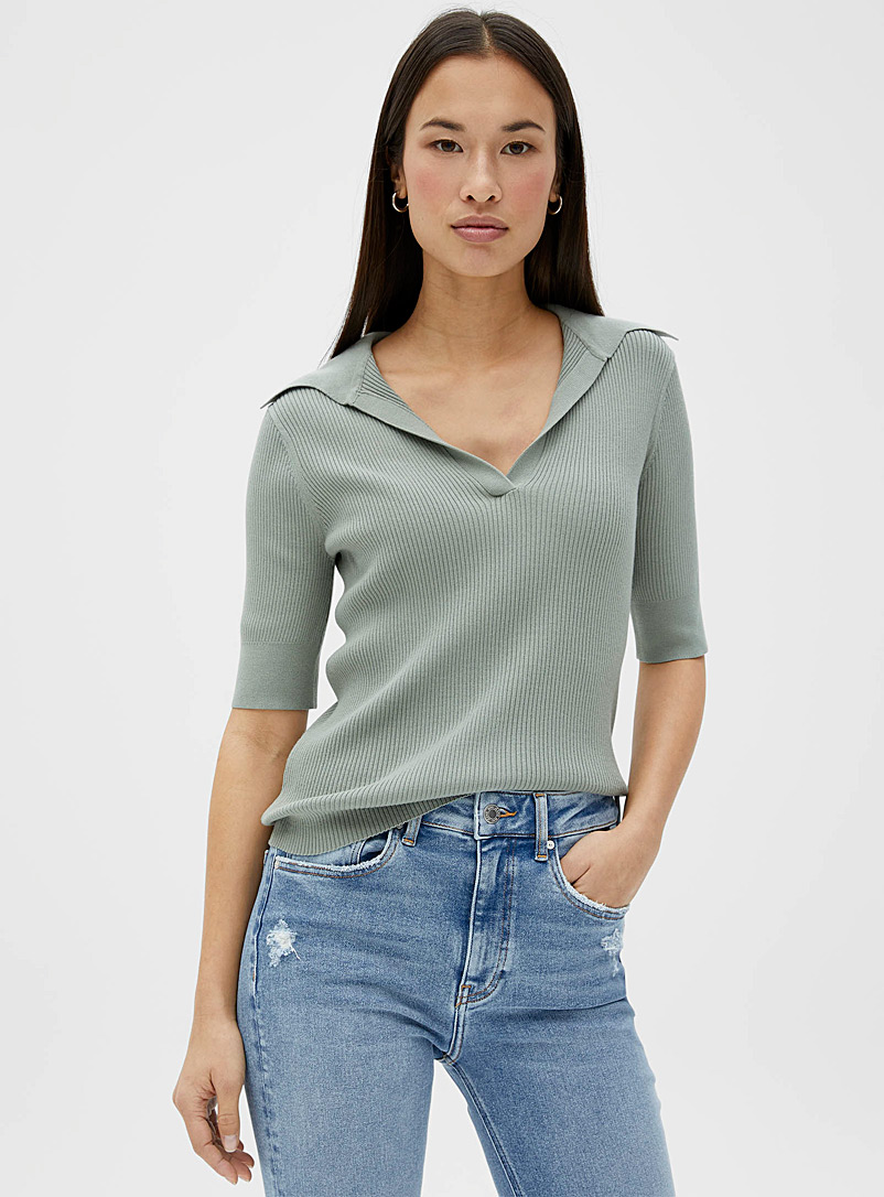 Contemporaine Lime Green Fitted rib-knit Johnny collar sweater for women