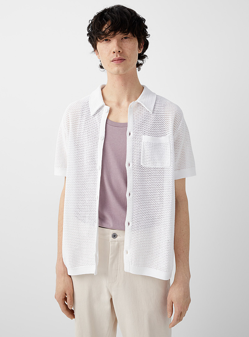 Le 31 White Pointelle knit shirt for men