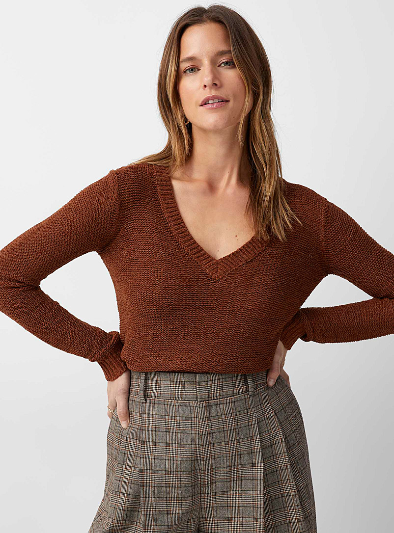 Contemporaine Medium Brown Ribbon knit V-neck sweater for women