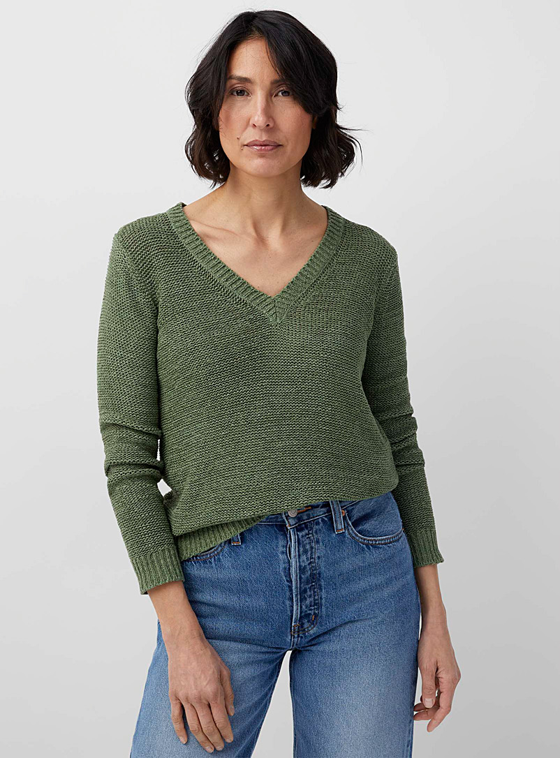 Contemporaine Kelly Green Ribbon knit V-neck sweater for women