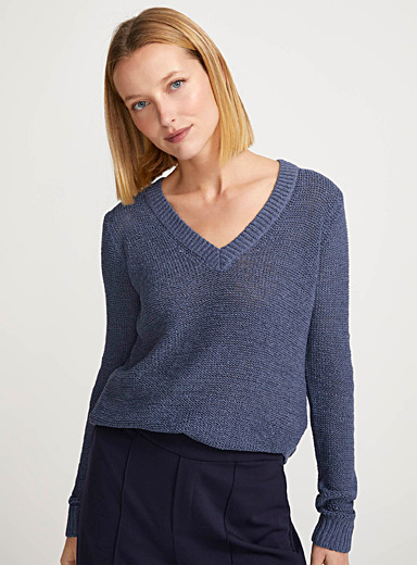 Contemporaine Sapphire Blue Ribbon knit V-neck sweater for women
