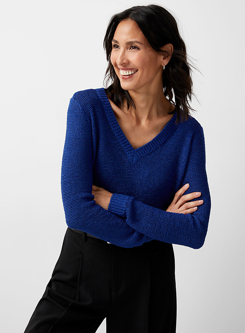 Contemporaine Slate Blue Ribbon knit V-neck sweater for women