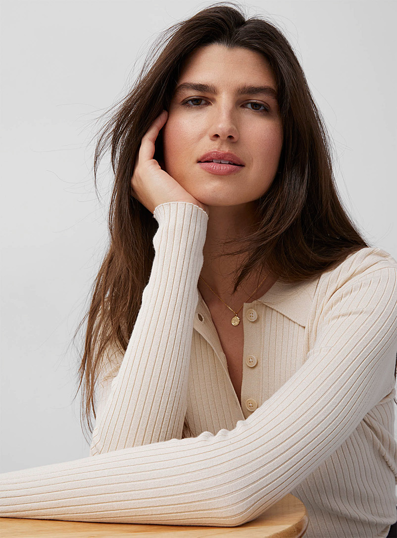 Contemporaine Cream Beige Ribbed polo-collar sweater for women