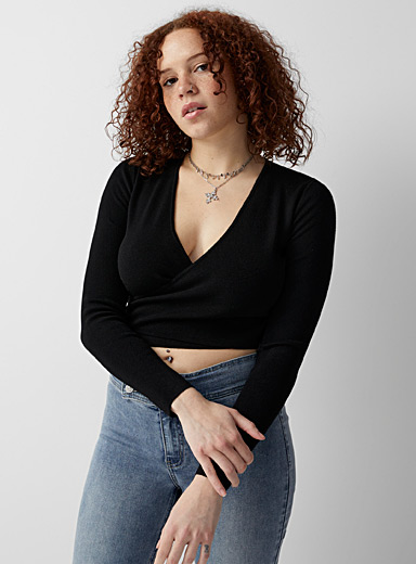 Twik Black Cropped criss-cross sweater for women