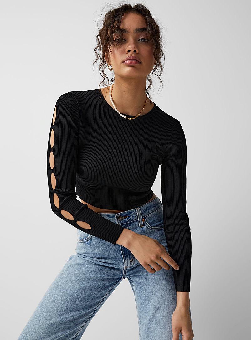 Twik Black Cutout ribbed cropped sweater for women