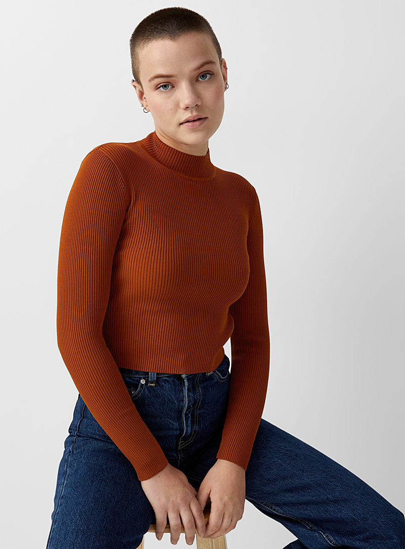 Twik Copper Ribbed cropped mock neck for women