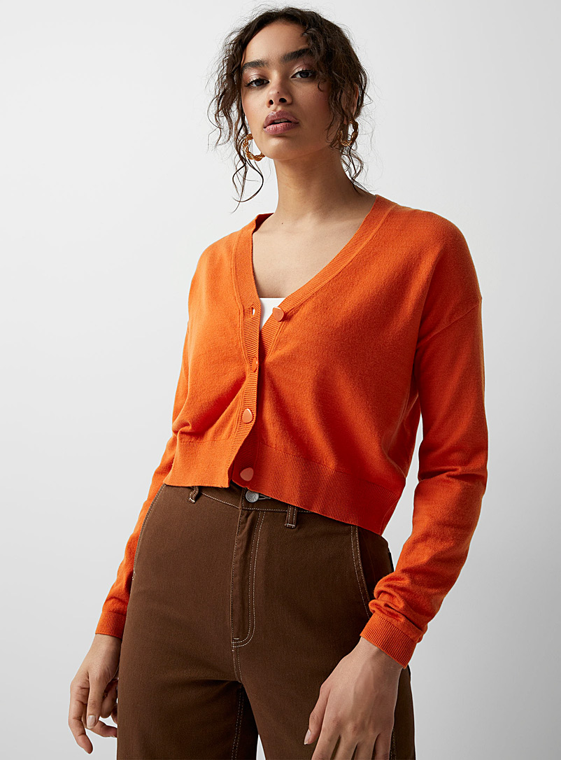 Twik Dark Orange Monochrome buttons cropped cardigan for women