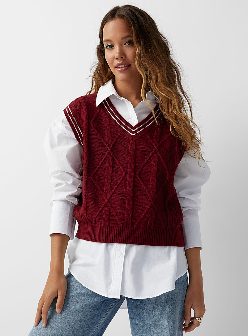 Twik Ruby Red Cable-knit V-neck sweater vest for women