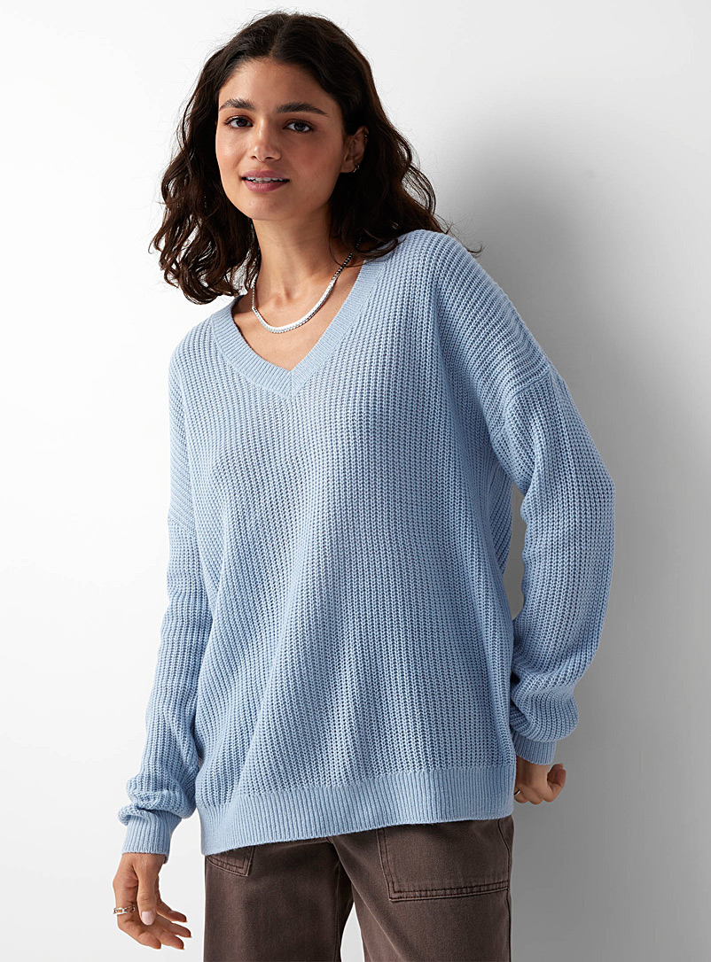 Twik Baby Blue Ribbed V-neck sweater for women