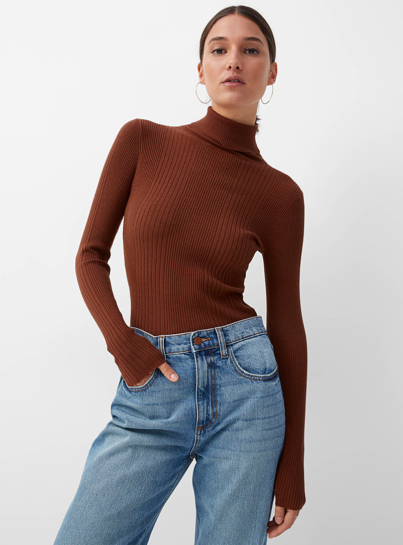 Icône Dark Brown Geometric ribbing turtleneck sweater for women