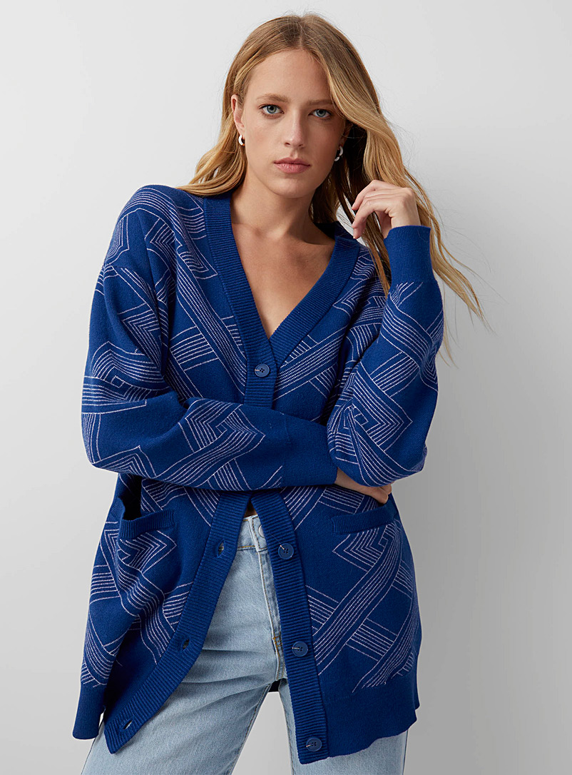 Icône Sapphire Blue Geometric jacquard loose cardigan for women