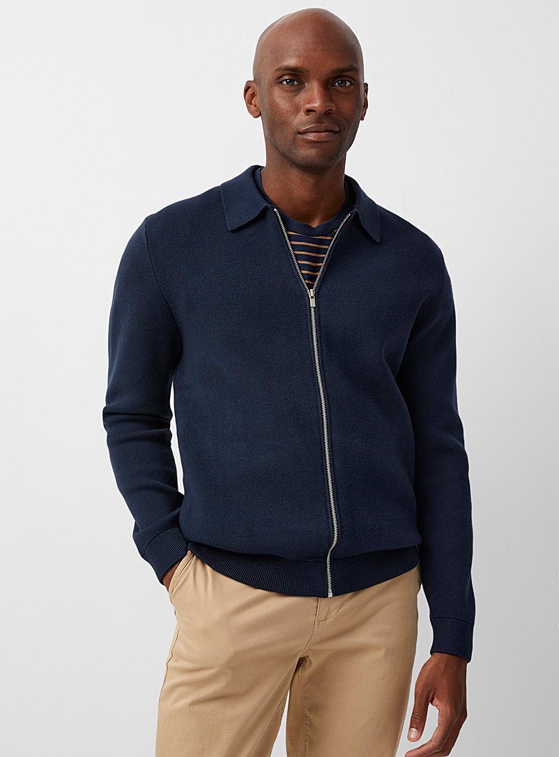 Le 31 Navy/Midnight Blue Point-collar zipped cardigan for men