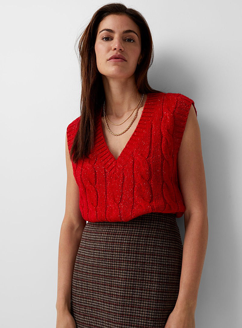 Contemporaine Ruby Red Cable-knit V-neck sweater vest for women