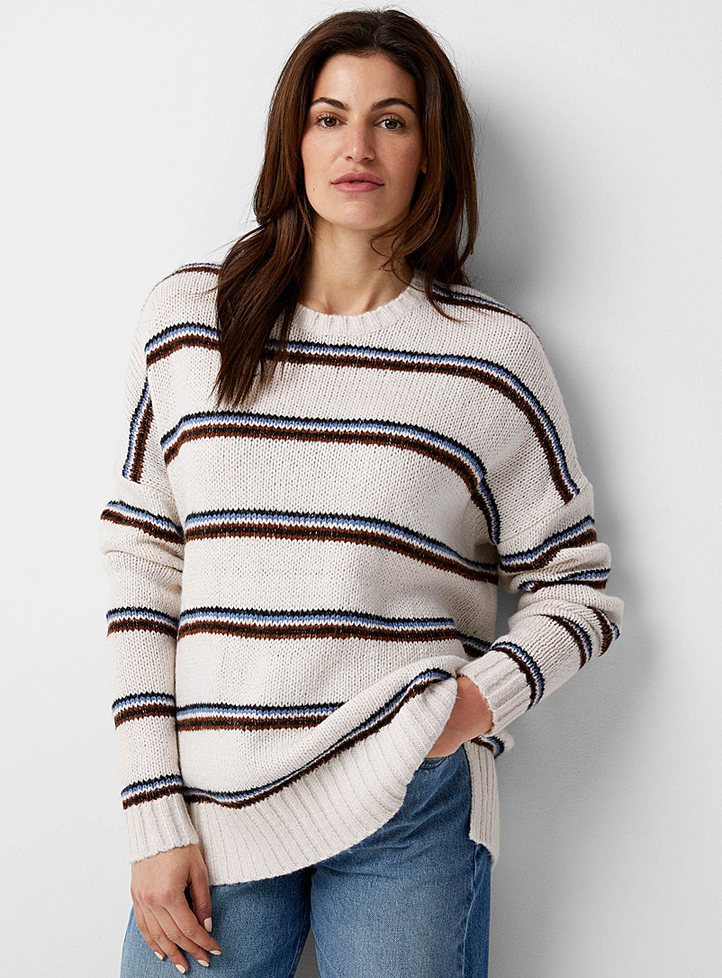 Contemporaine Cream Beige Oversize three-tone stripes sweater for women