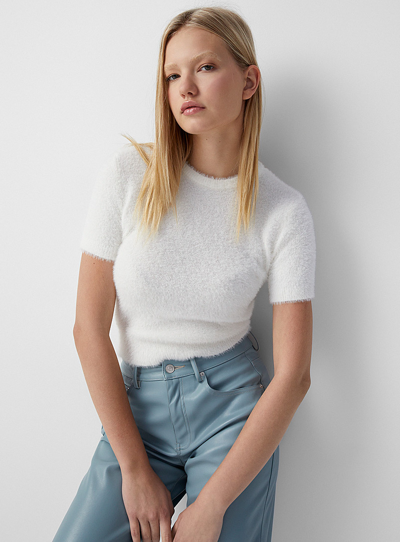 Twik Ivory White Soft chenille cropped sweater for women