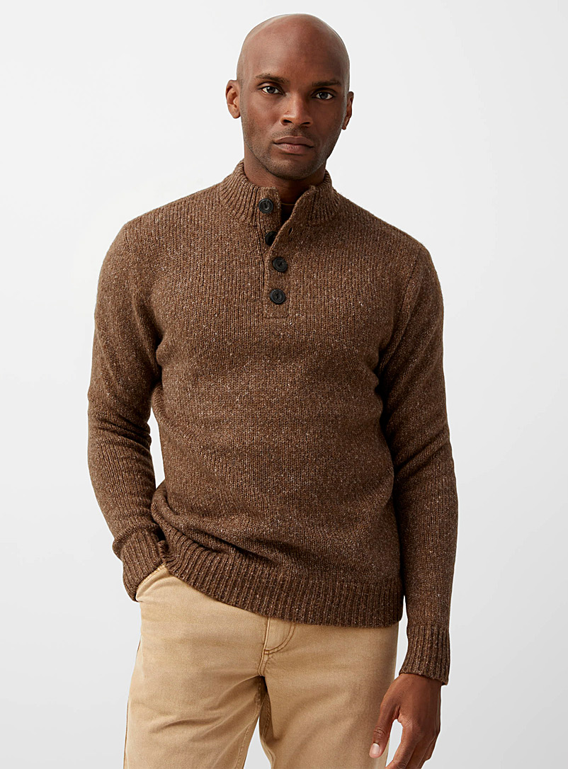 Le 31 Brown Button-collar heathered sweater for men