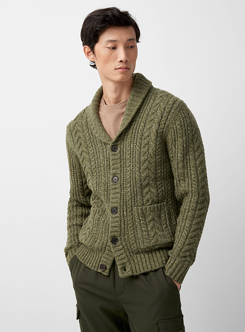 Le 31: Le cardigan col châle tricot tweed Vert foncé-mousse-olive pour homme