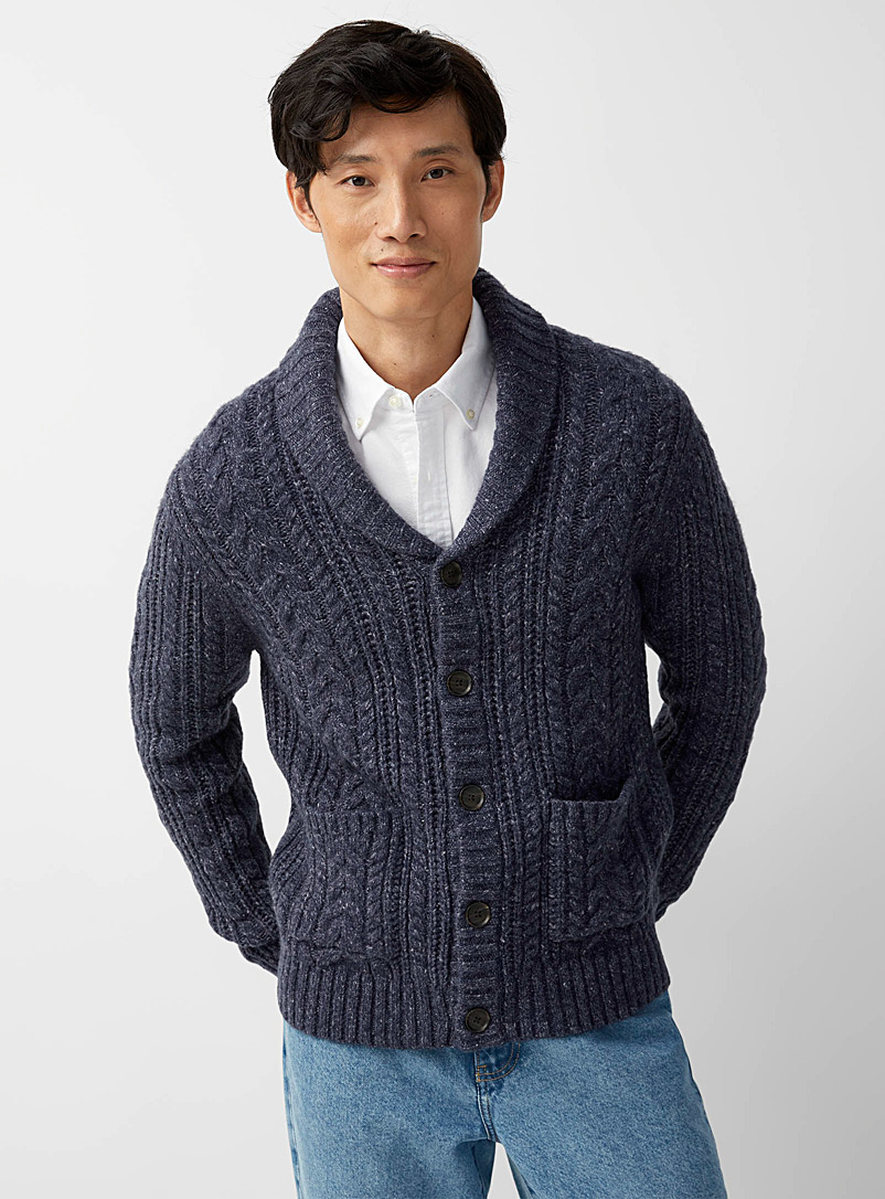 Le 31 Marine Blue Tweed knit shawl-collar cardigan for men