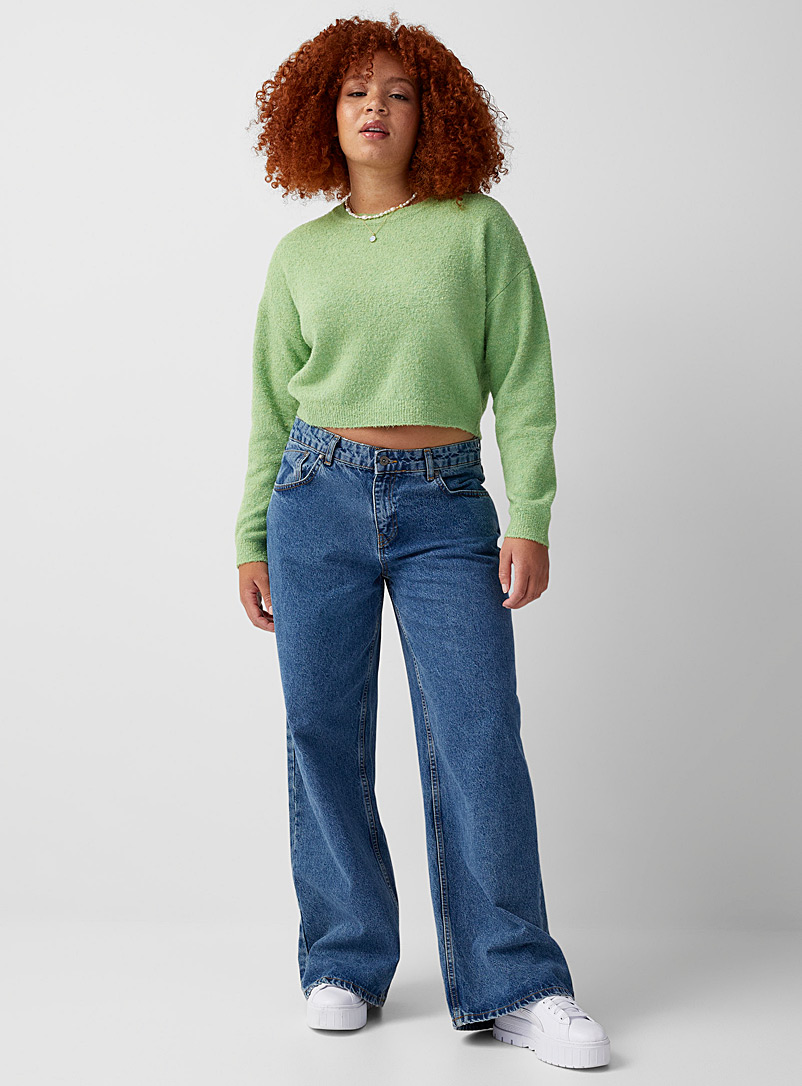 Twik Lime Green Bouclé cropped knit sweater for women