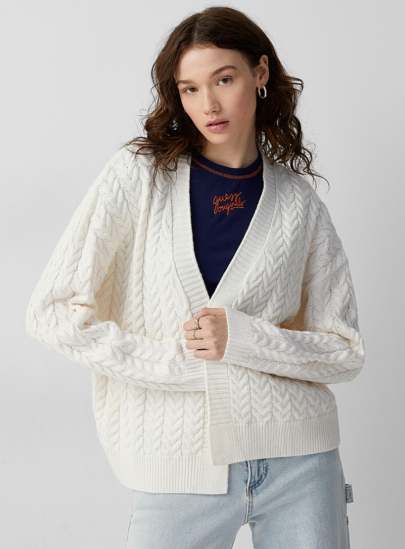 Twik Ivory White Braided knit open cardigan for women