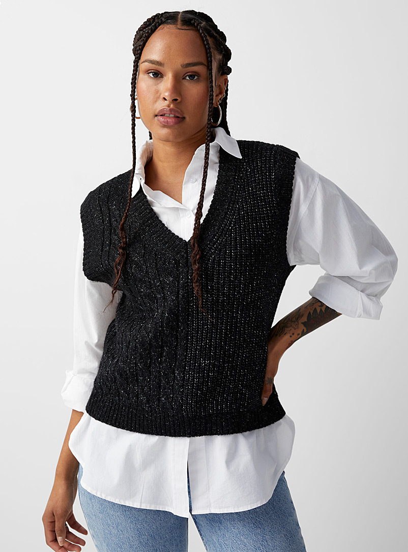 Twik Black Ribbed and cabled sweater vest for women