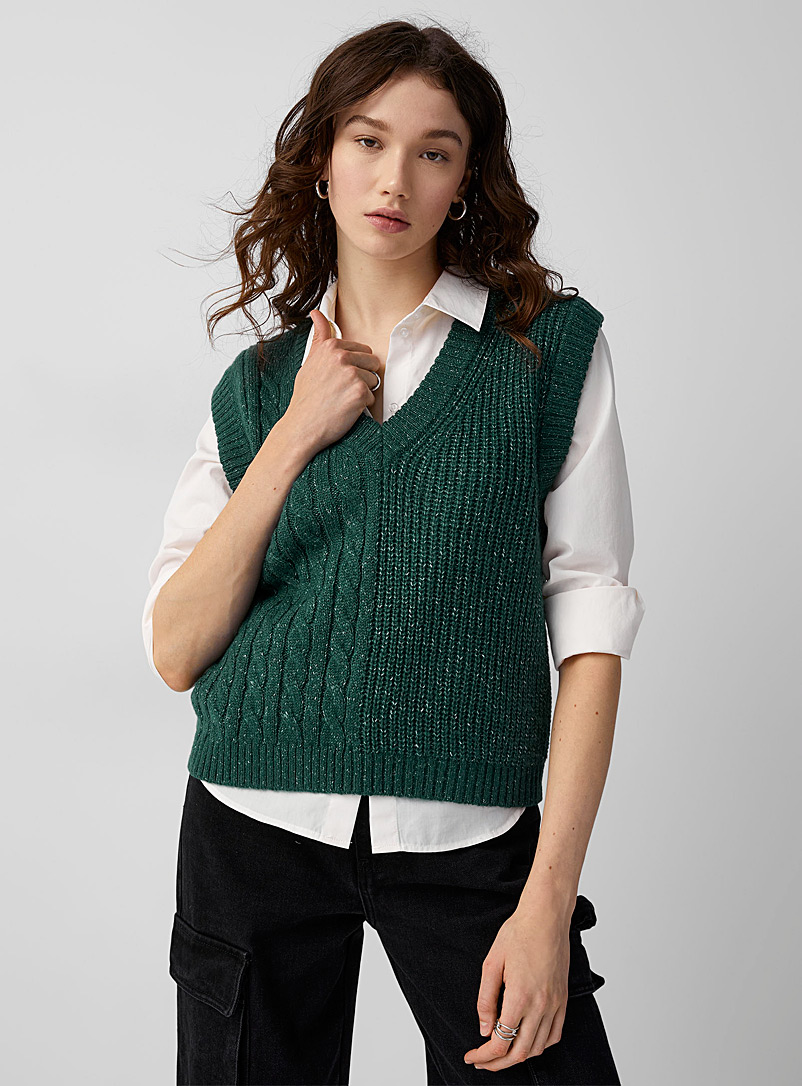 Twik Mossy Green Ribbed and cabled sweater vest for women