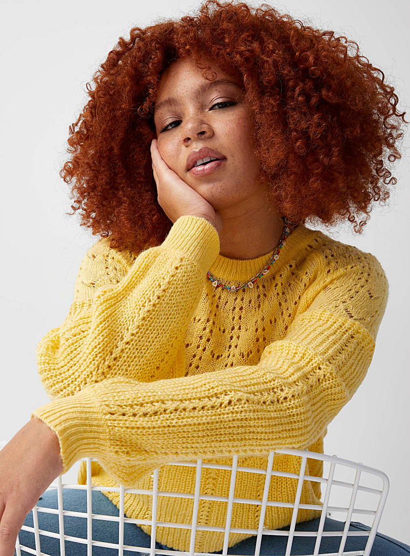 Twik Light Yellow Pointelle knit garland sweater for women