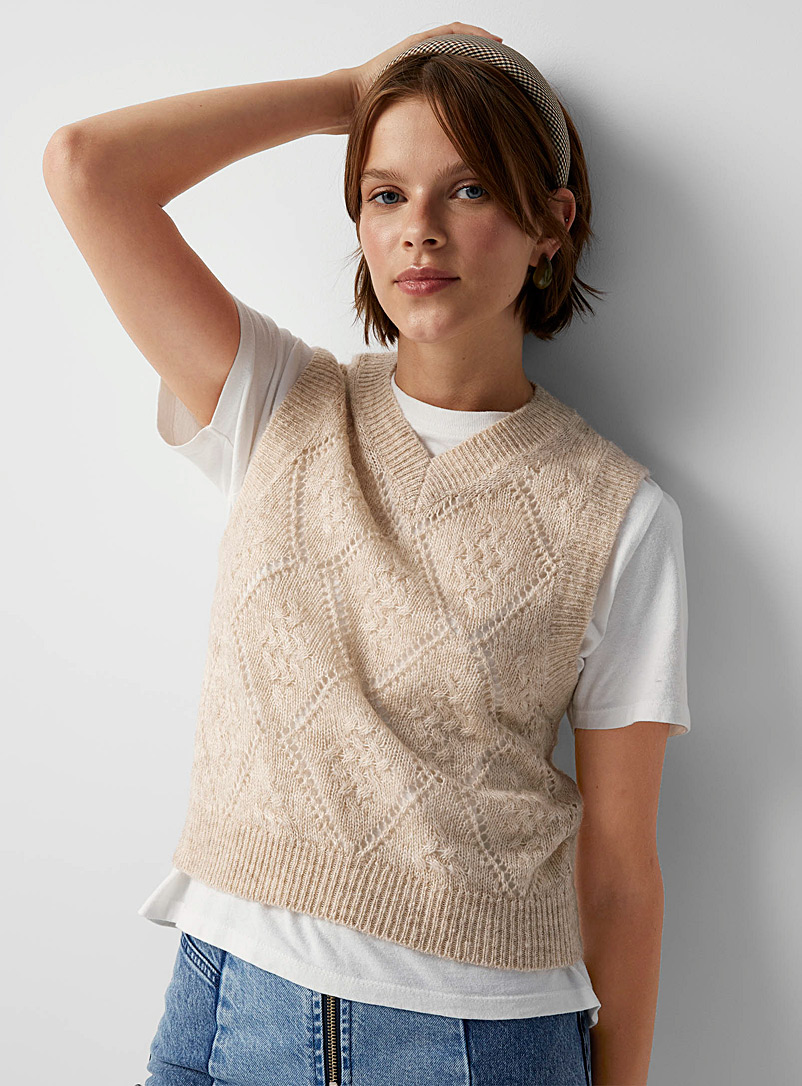 Twik Cream Beige Openwork diamonds knit sweater vest for women
