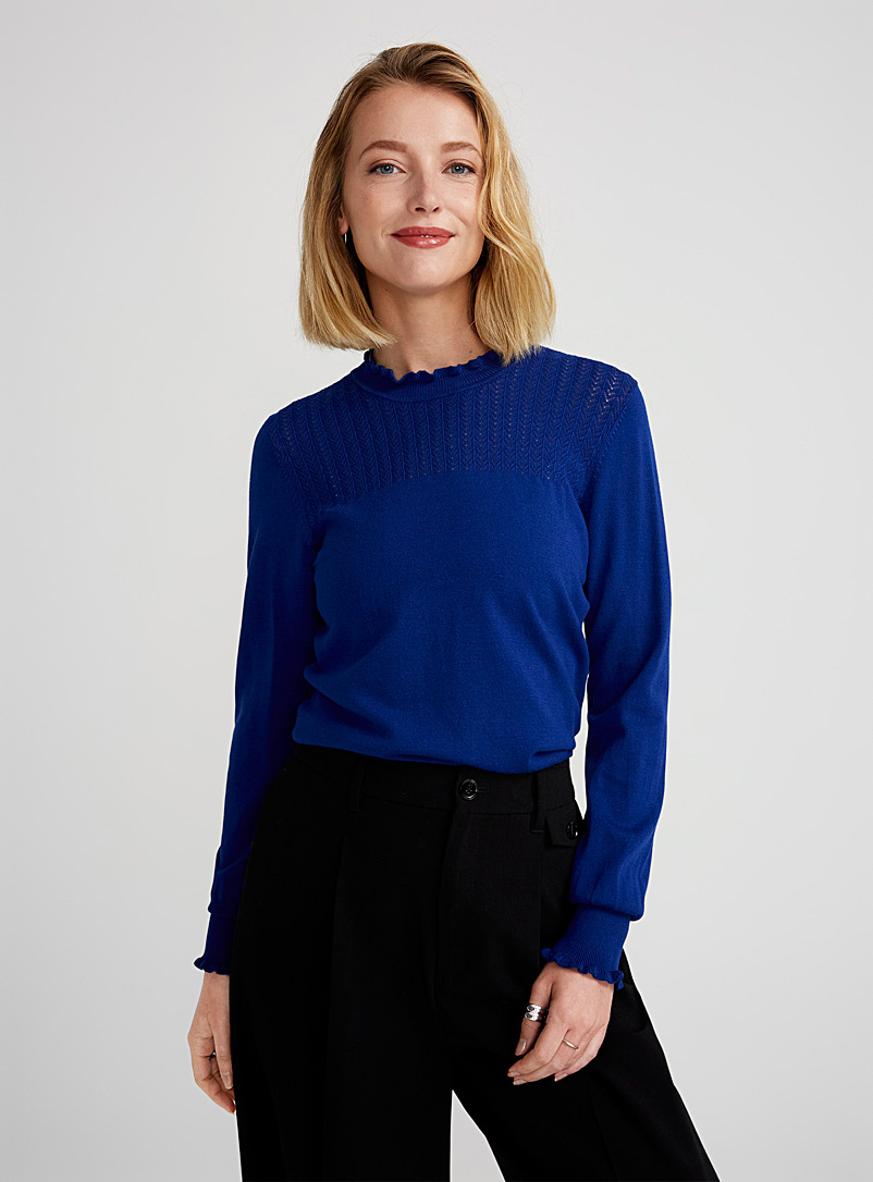 Contemporaine Sapphire Blue Openwork ruffled sweater for women