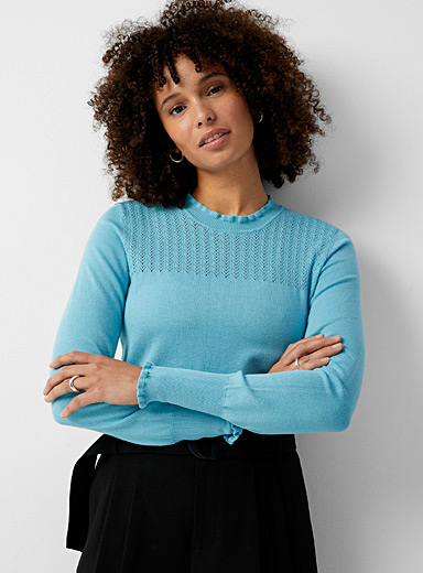 Contemporaine Baby Blue Openwork ruffled sweater for women
