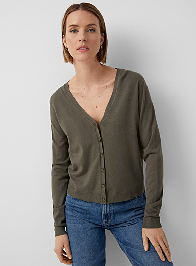 Contemporaine Mossy Green Fine-knit V-neck cardigan for women