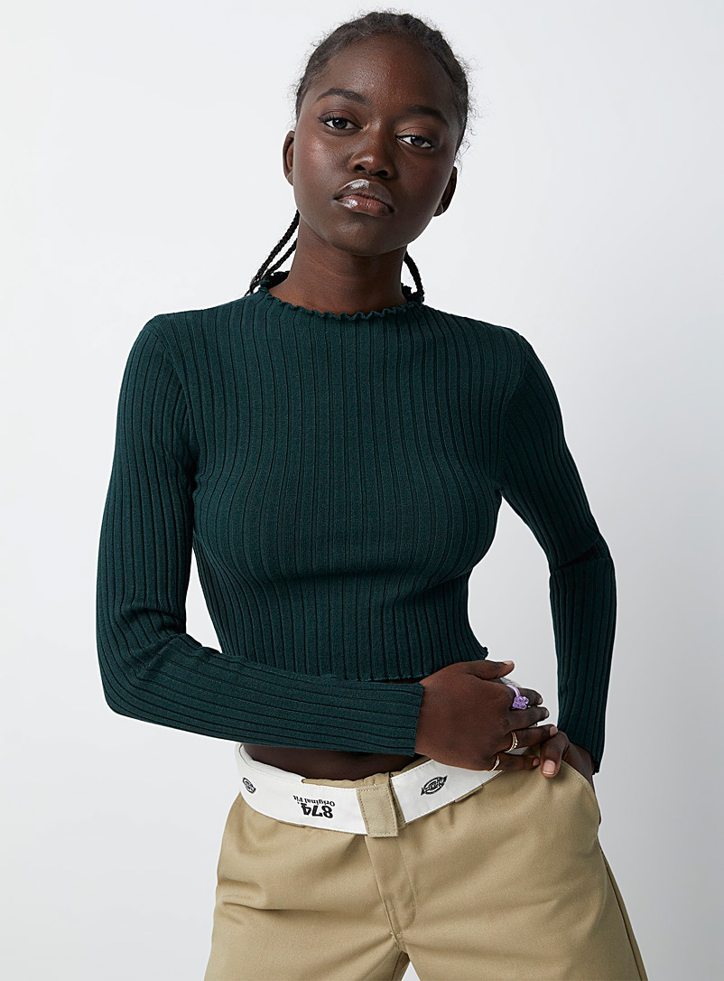 Twik Mossy Green Ruffled ribbed sweater for women