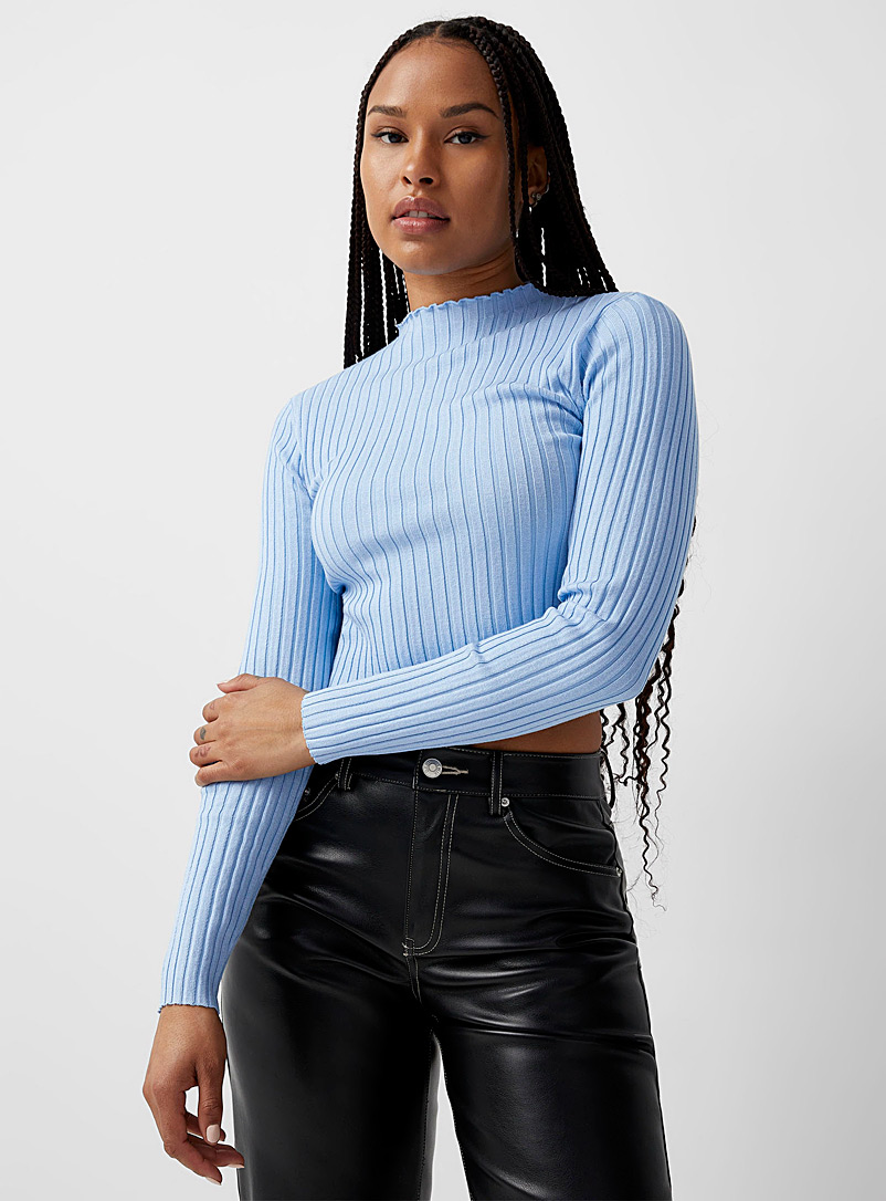 Twik Baby Blue Ruffled ribbed sweater for women
