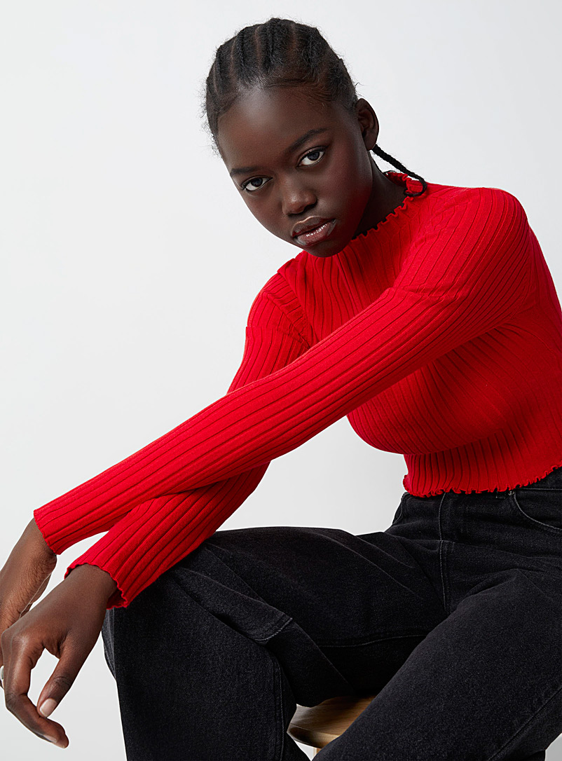 Twik Red Ruffled ribbed sweater for women