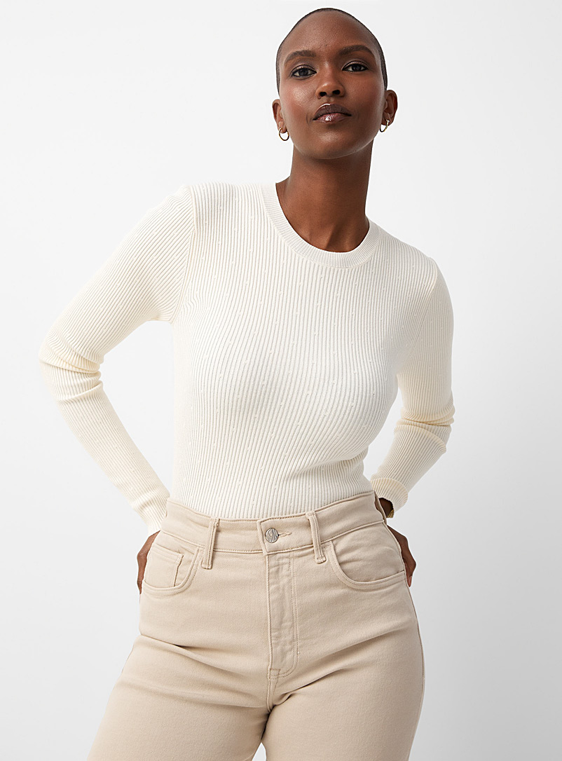Contemporaine Ivory White Vertical ribbing fitted sweater for women