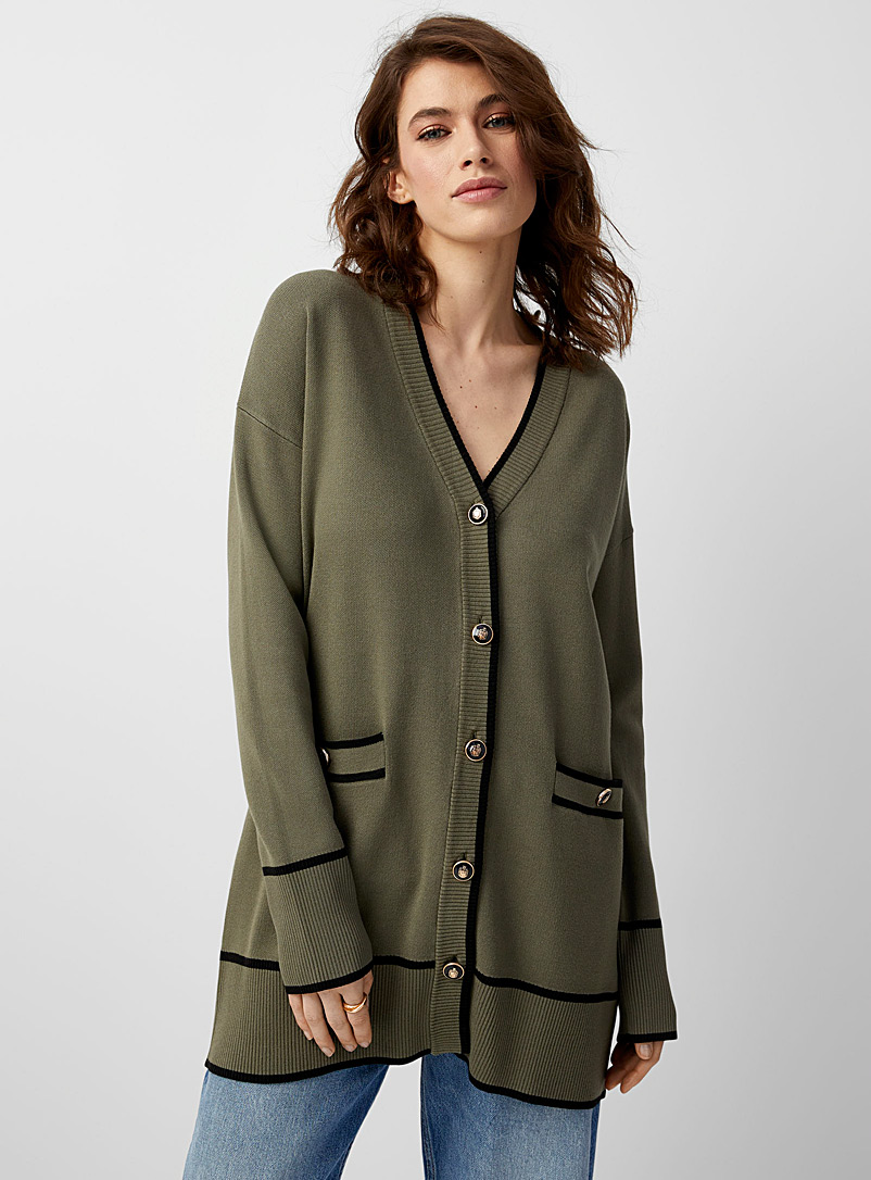Contemporaine Mossy Green Golden button trimmed cardigan for women