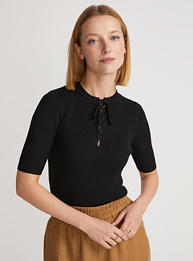 Contemporaine Black Lace-up neck ribbed sweater for women
